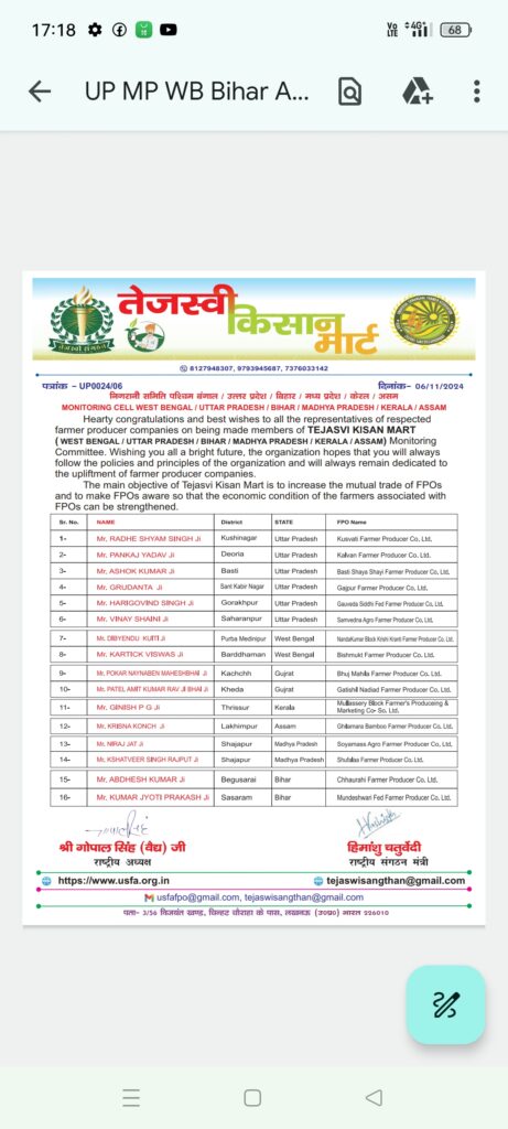 सोनभद्र -केरल, असम, पश्चिम बंगाल, गुजरात सहित 7 प्रदेशो में तेजस्वी किसान मार्ट निगरानी समिति का गठन सोनभद्र -केरल, असम, पश्चिम बंगाल, गुजरात सहित 7 प्रदेशो में तेजस्वी किसान मार्ट निगरानी समिति का गठन