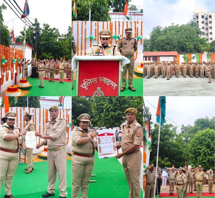पुलिस अधीक्षक जनपद मीरजापुर द्वारा स्वतंत्रता दिवस के अवसर पर ध्वजारोहण कर सत्यनिष्ठा की दिलायी गयी संकल्प, उत्कृष्ट/सराहनीय कार्य करने वाले पुलिस कर्मियों को पुरस्कृत करते हुए दी गयी स्वतंत्रता दिवस की शुभकामनाए
